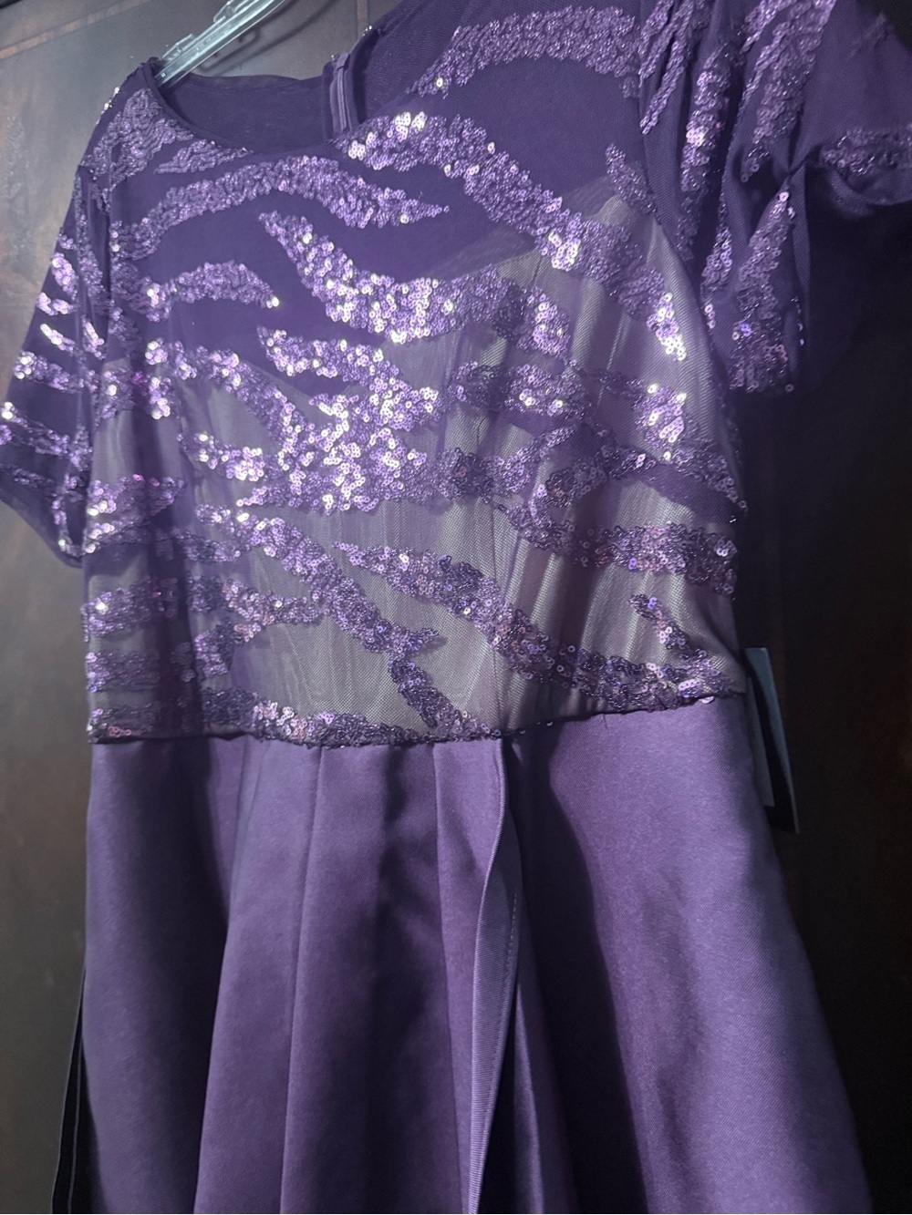 Marina Plum Sequin Bodice High-Low Gown with Bow and Pockets - Picture 6 of 6